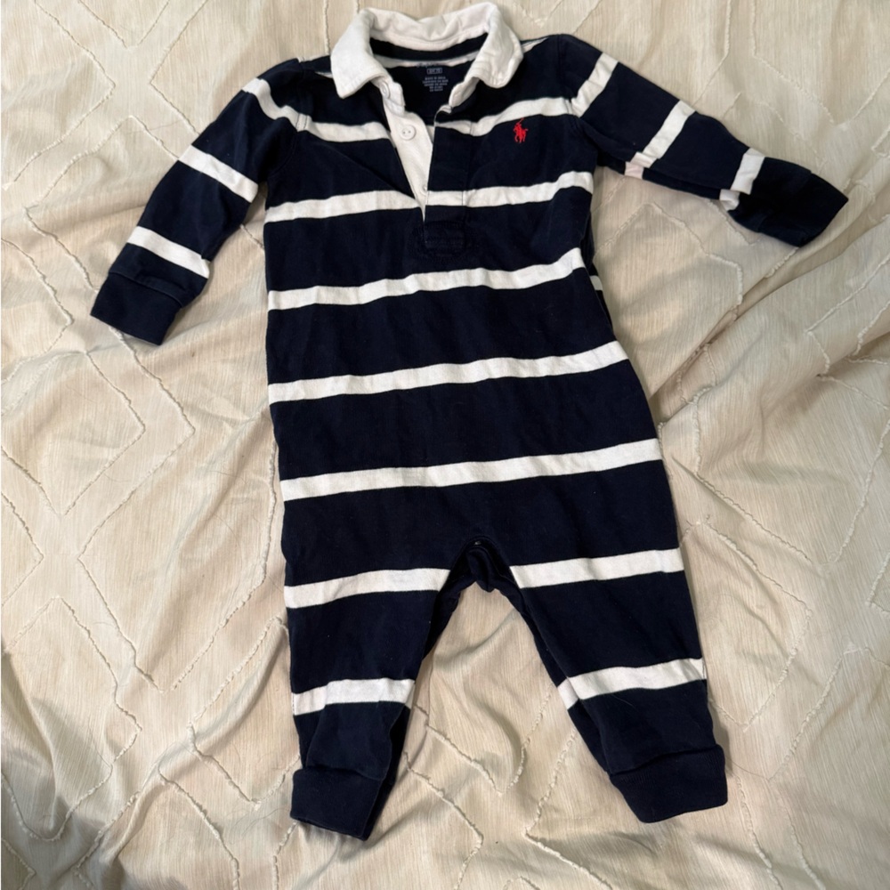 Ralph Lauren Navy and White Striped Footie